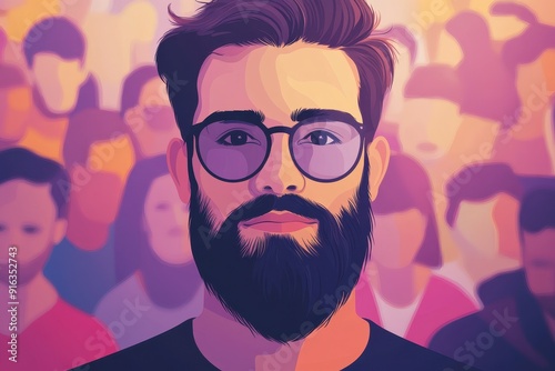 Confident Bearded Man Flaunting Facial Hair in Minimalist Flat Illustration Style at Public Gathering