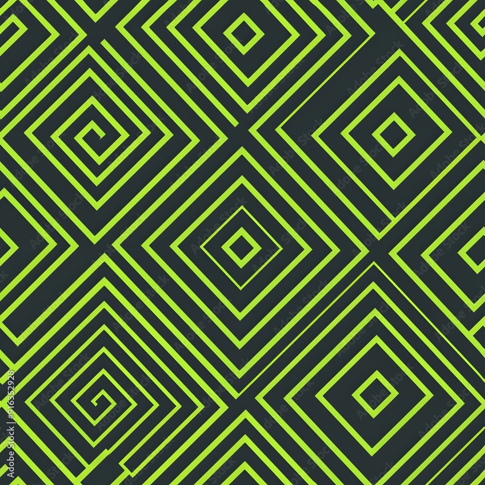Geometric pattern featuring vibrant green spirals and squares on a dark background. Geometric pattern featuring vibrant green spirals and squares on a dark background.