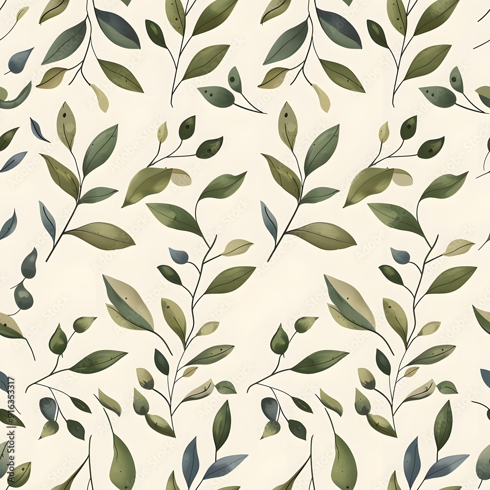 Elegant botanical pattern featuring green leaves on a cream background. Elegant botanical pattern featuring green leaves on a cream background.