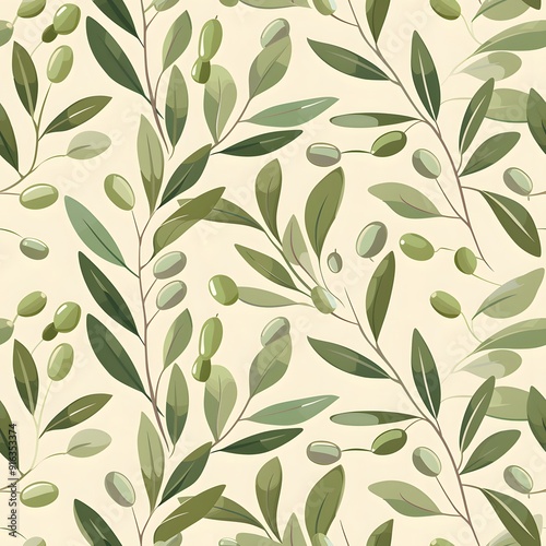 Elegant olive branch pattern on a soft beige background.
