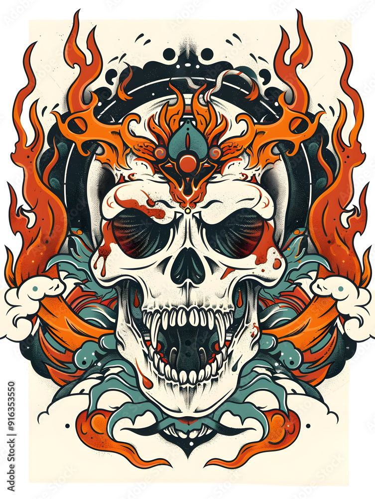Skull and Flames traditional tattoo illustration Skull and Flames traditional tattoo illustration