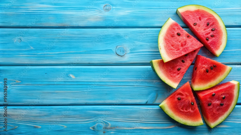 Slices of watermelon on a blue wooden desk, watermelon, slices, juicy, fruit, healthy, snack, summer, refreshing, vibrant Slices of watermelon on a blue wooden desk, watermelon, slices, juicy, fruit, healthy, snack, summer, refreshing, vibrant