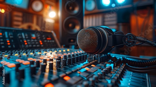 Professional podcasting equipment close-up, featuring a microphone, headphones, and an audio mixer, set in a sleek studio environment, warm ambient lighting, detailed textures,
