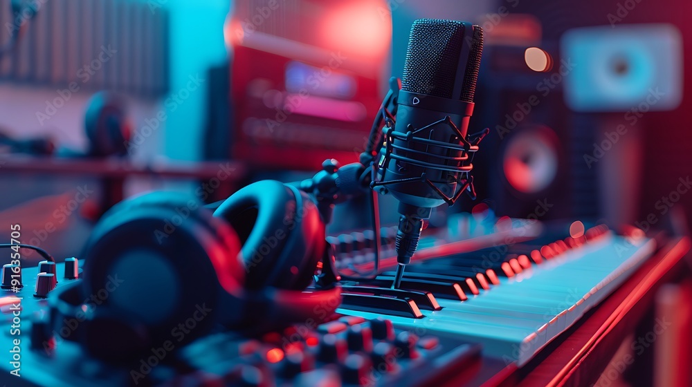 Fototapeta premium Professional podcasting setup with a close-up on a microphone, headphones, and a mixer, showcasing the equipment in a sleek studio environment, warm lighting highlighting the details,