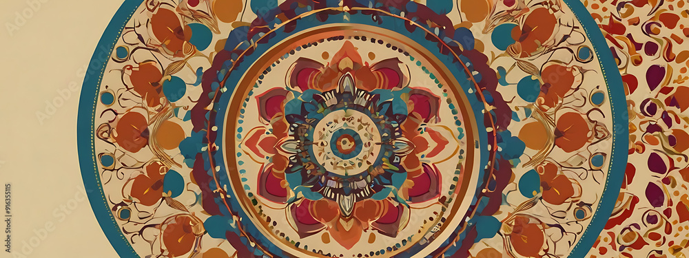 Retro Mandala with Bold Colors and Distinctive 70s Patterns on a Cream Background, Featuring Ample Copy Space for Text or Branding Retro Mandala with Bold Colors and Distinctive 70s Patterns on a Cream Background, Featuring Ample Copy Space for Text or Branding