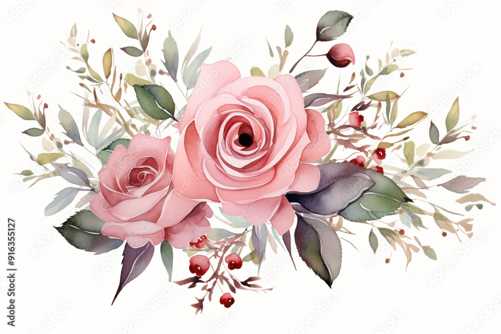 Watercolor painting of pink roses with leaves and berries. Watercolor painting of pink roses with leaves and berries.