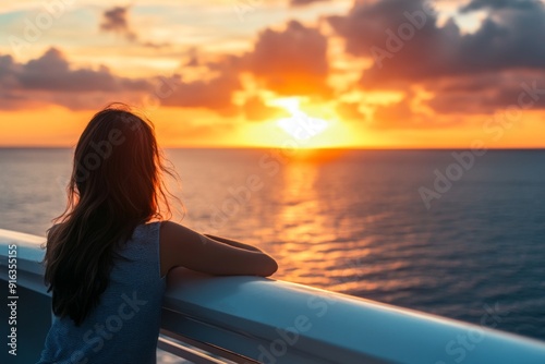 Serene Sunset Over the Horizon: A Woman on a Cruise Ship Deck Enjoying Tranquil Solitude Amidst Travel and Leisure. photo