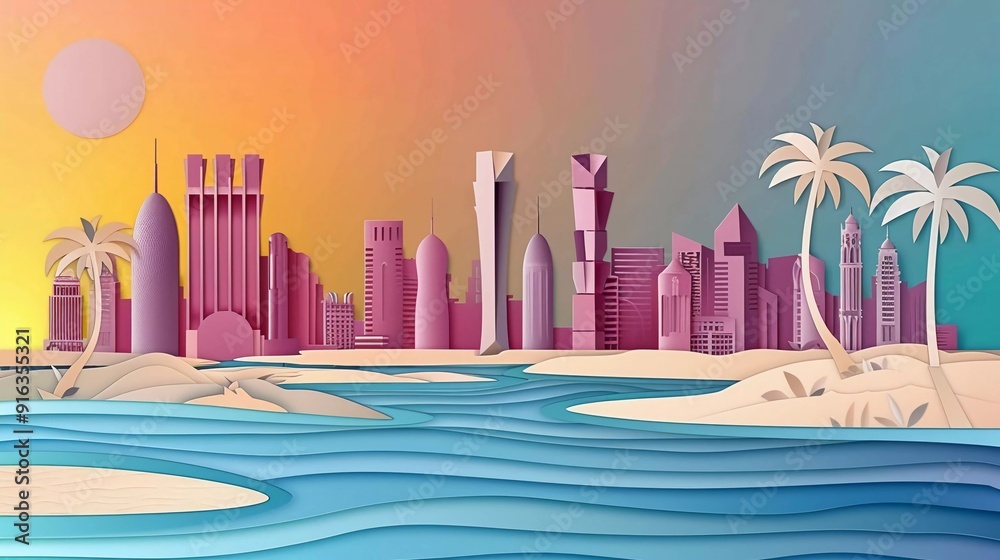 anomalous view of Doha city skyline with world famous landmarks in paper cut style vector illustration anomalous view of Doha city skyline with world famous landmarks in paper cut style vector illustration
