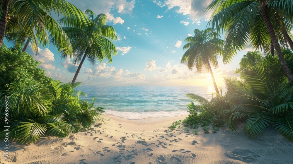 Obraz premium A beautiful beach scene with palm trees and a clear blue ocean