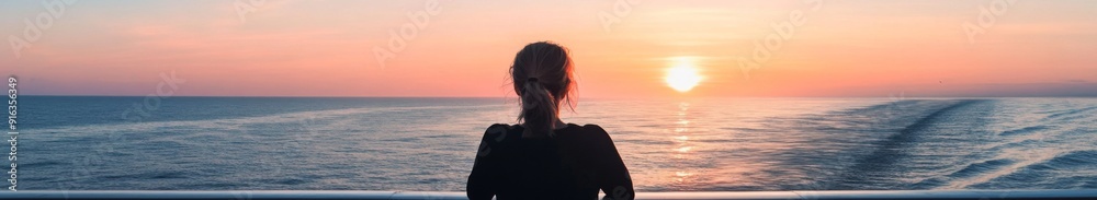 Fototapeta premium Serene Sunset Over the Horizon: A Woman on a Cruise Ship Deck Enjoying Tranquil Solitude Amidst Travel and Leisure.