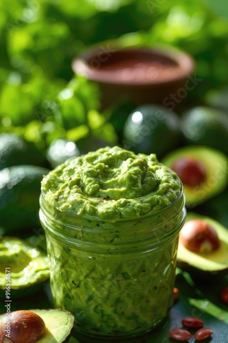 A jar of green guacamole sits on a table with several avocados photo