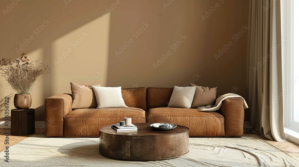 Modern Living Room with Brown Leather Sofa, Coffee Table, and White Rug Modern Living Room with Brown Leather Sofa, Coffee Table, and White Rug