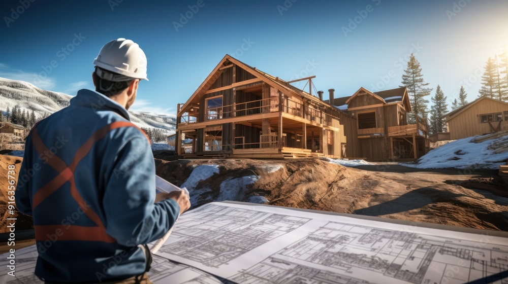 A scene of a construction worker reviewing blueprints on-site with a partially completed house visible behind them. A scene of a construction worker reviewing blueprints on-site with a partially completed house visible behind them.