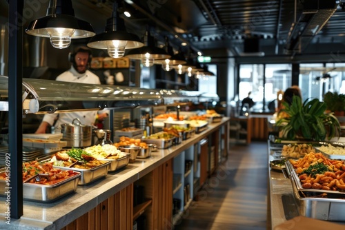 A restaurant with a buffet of food and a man in a chef's hat