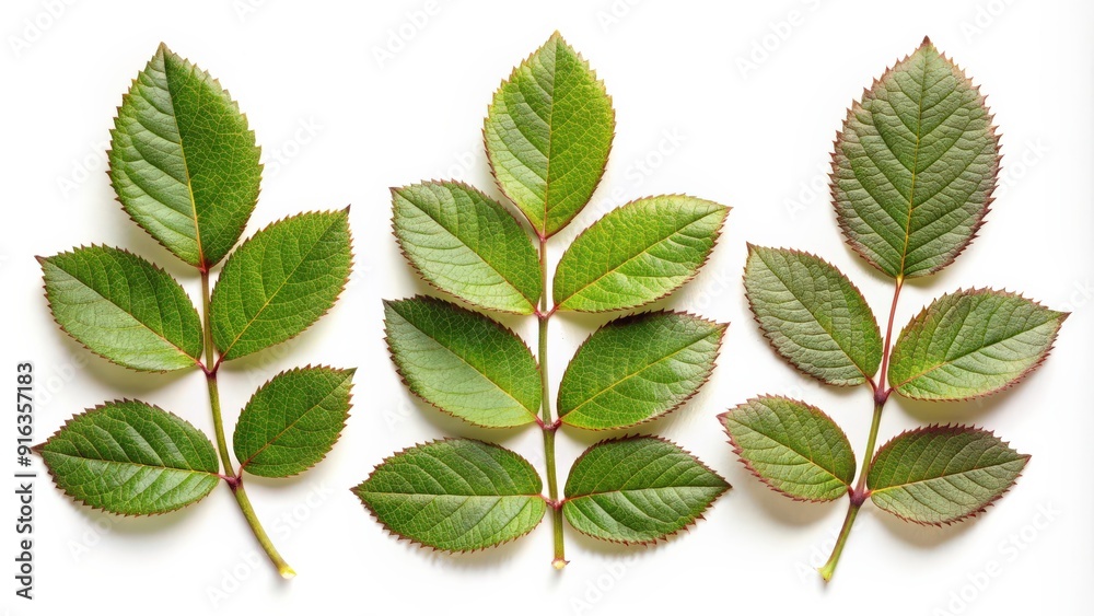 Collection of small rose leaf twigs with five leaves isolated, rose, leaf, twig, five, isolated, background, arrangement, nature