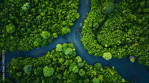 Forest river meandering through dense woodland, surrounded by vibrant greenery