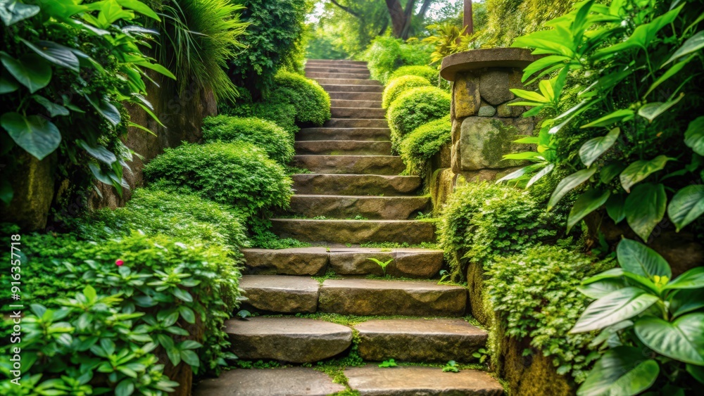 Stone steps overgrown with lush green plants in a serene outdoor setting, stone steps, green plants, nature, outdoor Stone steps overgrown with lush green plants in a serene outdoor setting, stone steps, green plants, nature, outdoor