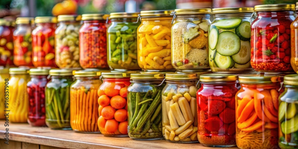 jars of pickled vegetables on display at a farmers market, pickles, veggies, preserved, jars, fresh, colorful, homemade jars of pickled vegetables on display at a farmers market, pickles, veggies, preserved, jars, fresh, colorful, homemade