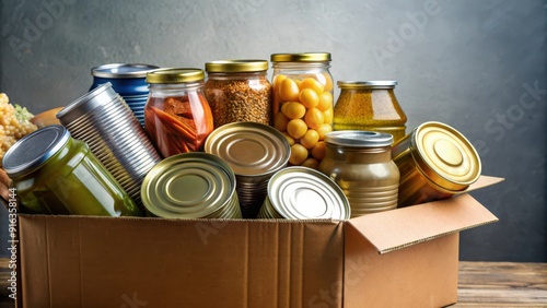 Close up of canned goods and non-perishable food items in a donation box , Charity, support, food drive photo