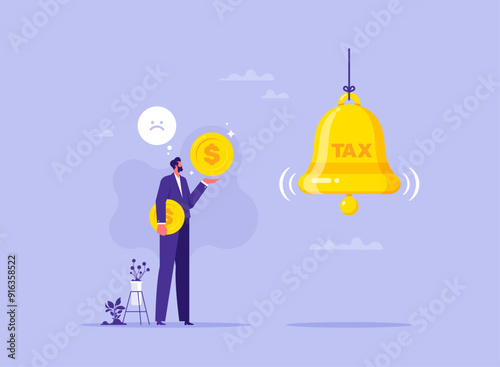 Individual income tax payment notification concept, revenue calculation for withholding tax, reminder from government, shaking bell with engraved word TAX to notify businessman