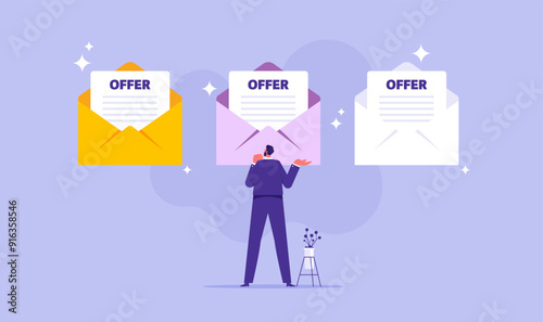 Job offer or job opportunity to be promoted or new position for higher salary, businessman standing in front of envelope and the paper sheet with new job conditions, thinking to accept job off