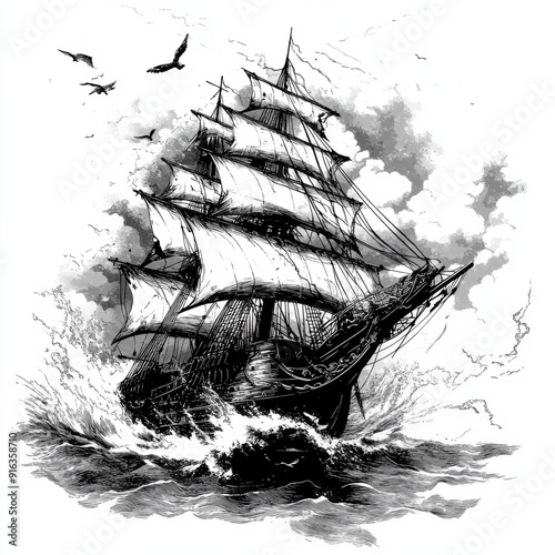 Black and white Vintage engraved art of a ghost ship sailing through a stormy sea, with torn sails and eerie mist, isolated on white background, ink sketch illustration, simple vector art design photo