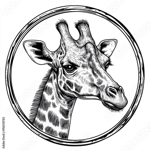 Black and white Vintage engraved art of a giraffe's head in a circular stamp logo style, isolated on white background, ink sketch illustration, simple vector art design, highly detailed line art