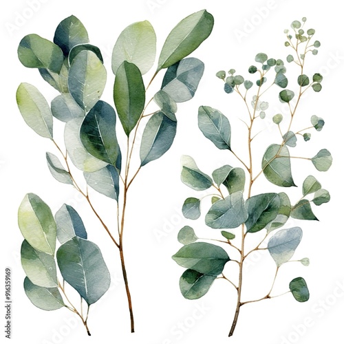 Watercolor painting of three eucalyptus branches with green leaves.