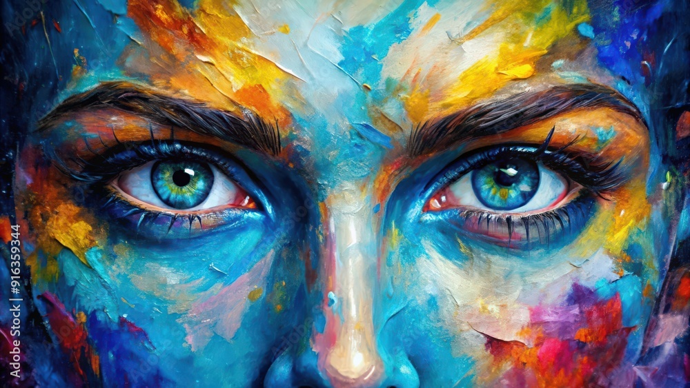 Obraz premium Close-up of expressive blue eyes in a vibrant abstract painting with textured brushstrokes, blue eyes, close-up