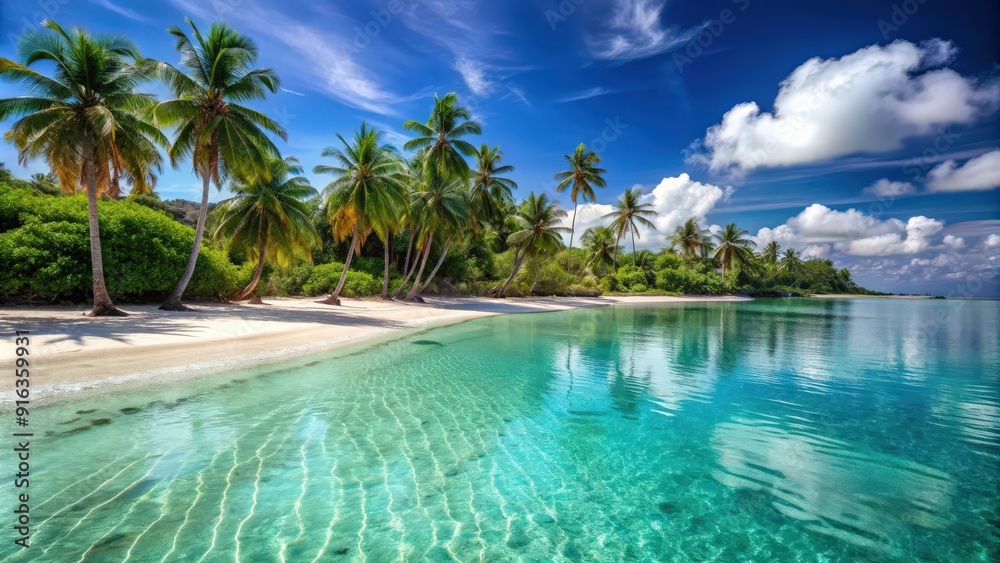 Sandy beach with crystal clear turquoise water and palm trees, tropical, sea, beach, sand, ocean, palm trees, paradise, vacation