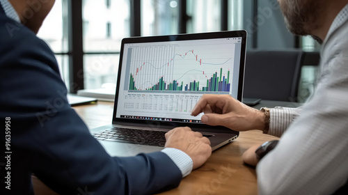 Two financial consultant is using their laptop to view the stock market chart.