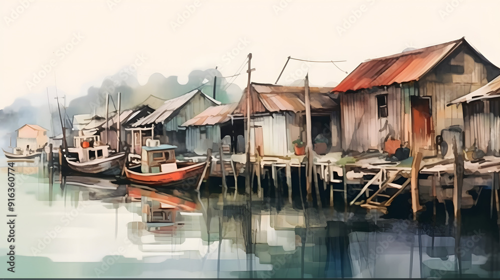 Fishing Villages watercolor style Fishing Villages watercolor style