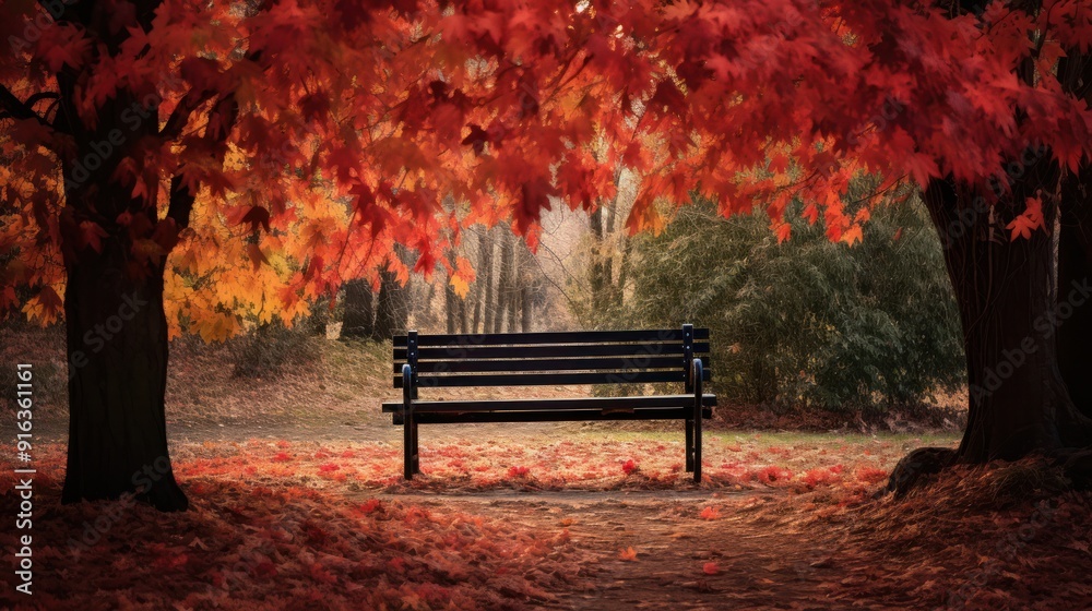 Photograph of a rustic wooden bench nestled beneath a canopy of fiery red maple leaves Photograph of a rustic wooden bench nestled beneath a canopy of fiery red maple leaves