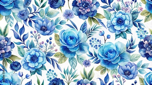 Fototapeta Naklejka Na Ścianę i Meble -  Seamless summer pattern with watercolor flowers in indigo, watercolor, seamless, pattern, summer, flowers, indigo, handmade
