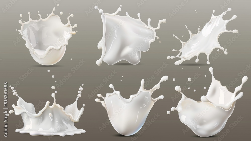 Set of realistic milk splashes of various shape with drops isolated on transparent background vector illustration. Set of realistic milk splashes of various shape with drops isolated on transparent background vector illustration.