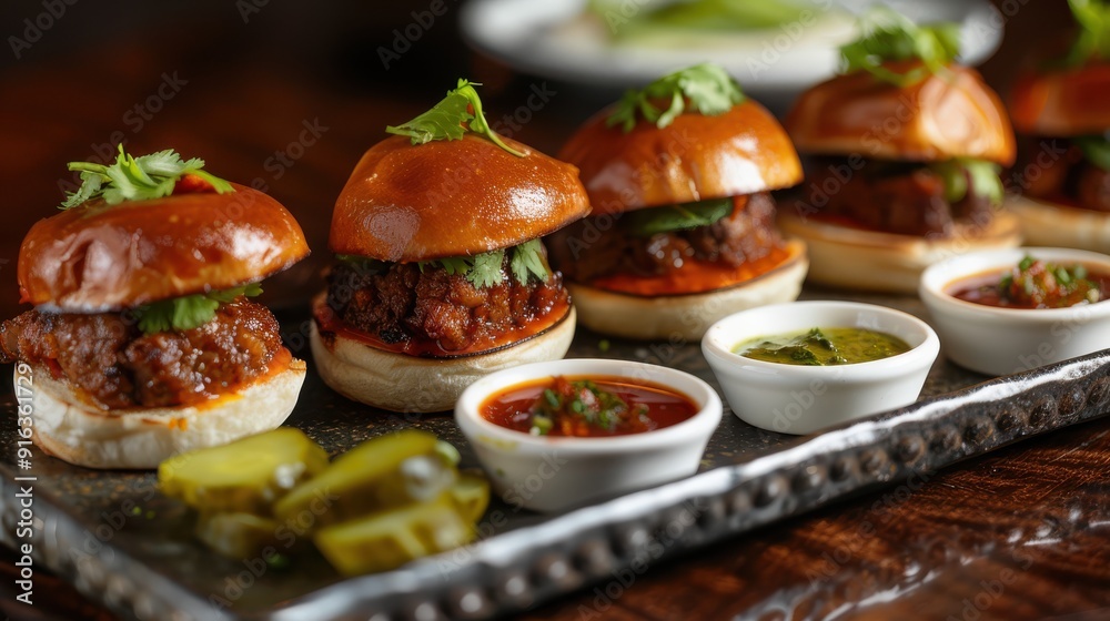A selection of mini sliders with different fillings such as beef, chicken, and vegetarian options, served with a side of pickles and dipping sauces. A selection of mini sliders with different fillings such as beef, chicken, and vegetarian options, served with a side of pickles and dipping sauces.