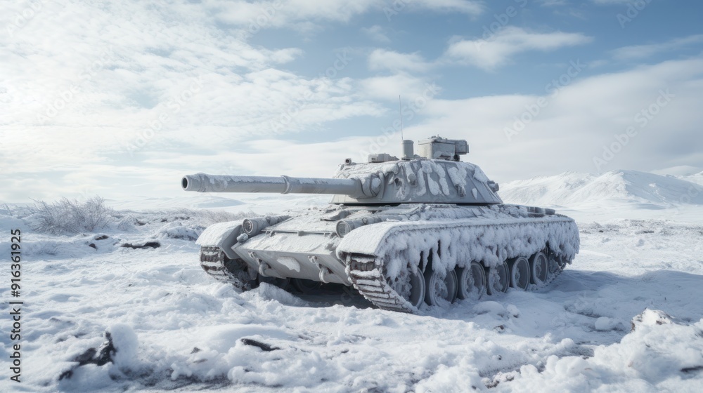 Photograph of a tank camouflaged amidst a snowy battlefield, Photograph of a tank camouflaged amidst a snowy battlefield,