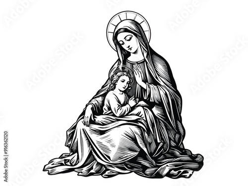 The Mary Our Lady Virgin Mary Mother of Jesus, madonna, vector illustration, black on white background, printable, suitable for logo, sign, tattoo, laser cutting, sticker and other print on demand
