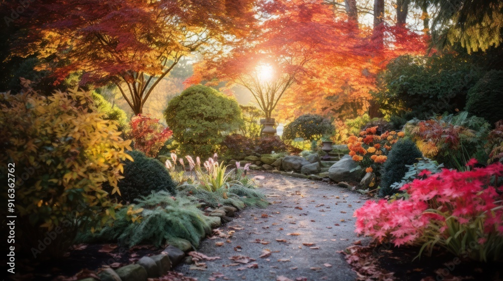 Photograph of a vibrant autumn garden with colorful leaves dancing in the breeze Photograph of a vibrant autumn garden with colorful leaves dancing in the breeze