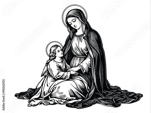 The Mary Our Lady Virgin Mary Mother of Jesus, madonna, vector illustration, black on white background, printable, suitable for logo, sign, tattoo, laser cutting, sticker and other print on demand
