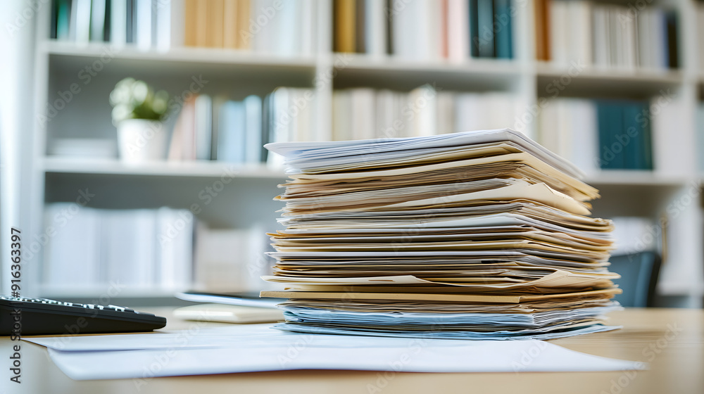 Stack of Co-pay Receipts with Calculator and Insurance Papers on Tidy Desk, Symbolizing Healthcare Financial Management