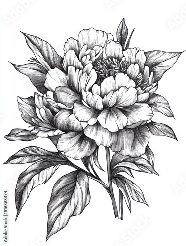 Fototapeta Naklejka Na Ścianę i Meble -  Black and white Vintage engraved art of a peony bouquet, isolated on white background, ink sketch illustration, simple vector art design, highly detailed line art, high contrasty