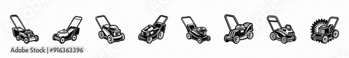 Lawn mower icon. Lawn mower, mowing garder grass service logo. Push Lawn mower  isolated on transparent background