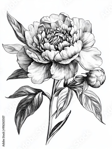 Fototapeta Naklejka Na Ścianę i Meble -  Black and white Vintage engraved art of a peony bouquet, isolated on white background, ink sketch illustration, simple vector art design, highly detailed line art, high contrasty 