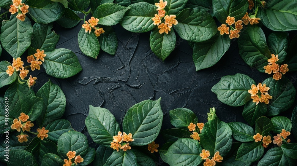 A chic black background wallpaper with a bunch of leaves and flowers, offering elegant copy space for a stylish look A chic black background wallpaper with a bunch of leaves and flowers, offering elegant copy space for a stylish look