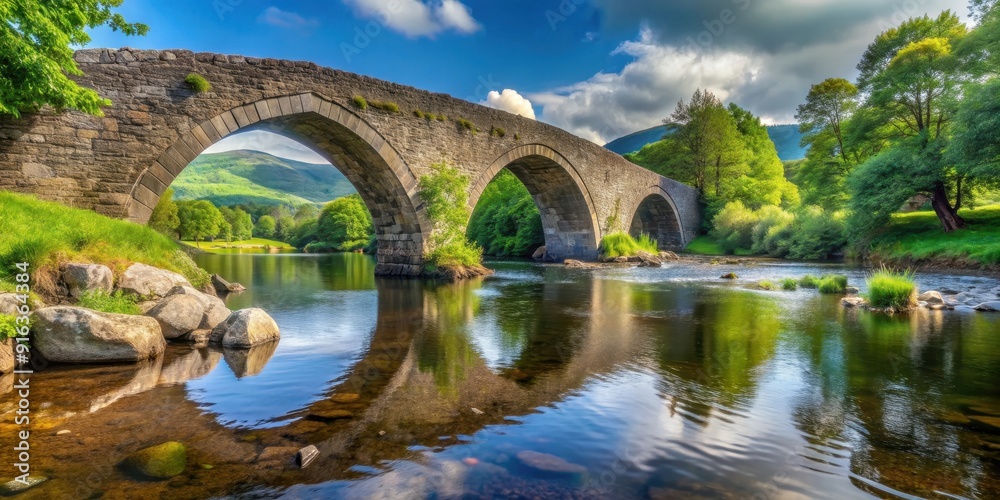 Fototapeta premium Arch stone bridge crossing a river in a picturesque landscape, arch, stone, bridge, river, scenic, landscape