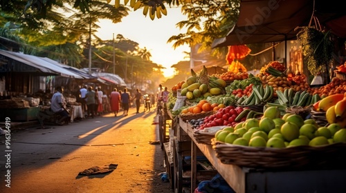 Photograph of a bustling street market in a tropical city, overflowing with colorful fruits, photo
