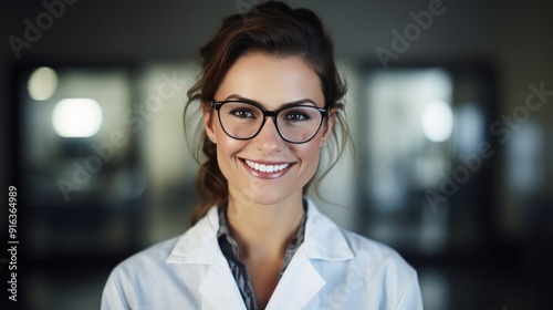 photograph of a captivating female doctor wearing safety glasses