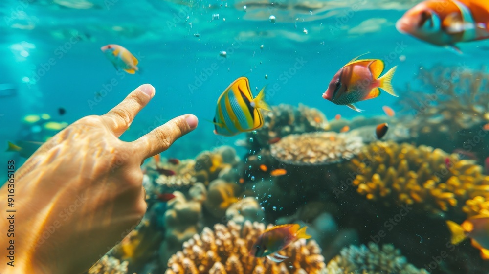 Fototapeta premium A close-up of a snorkeler pointing at a school of fish swimming around vibrant coral