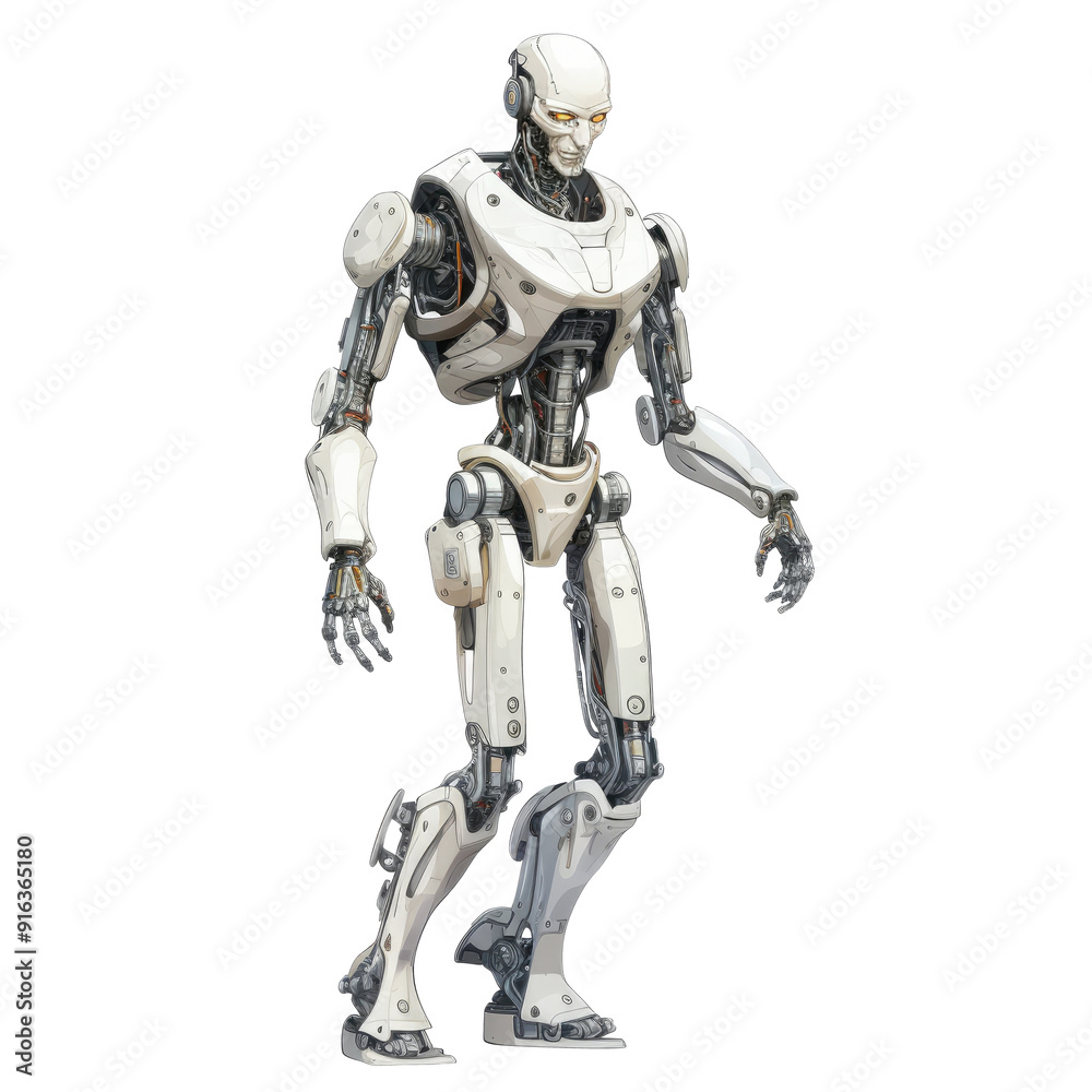 An illustration of a robot standing with yellow eyes An illustration of a robot standing with yellow eyes